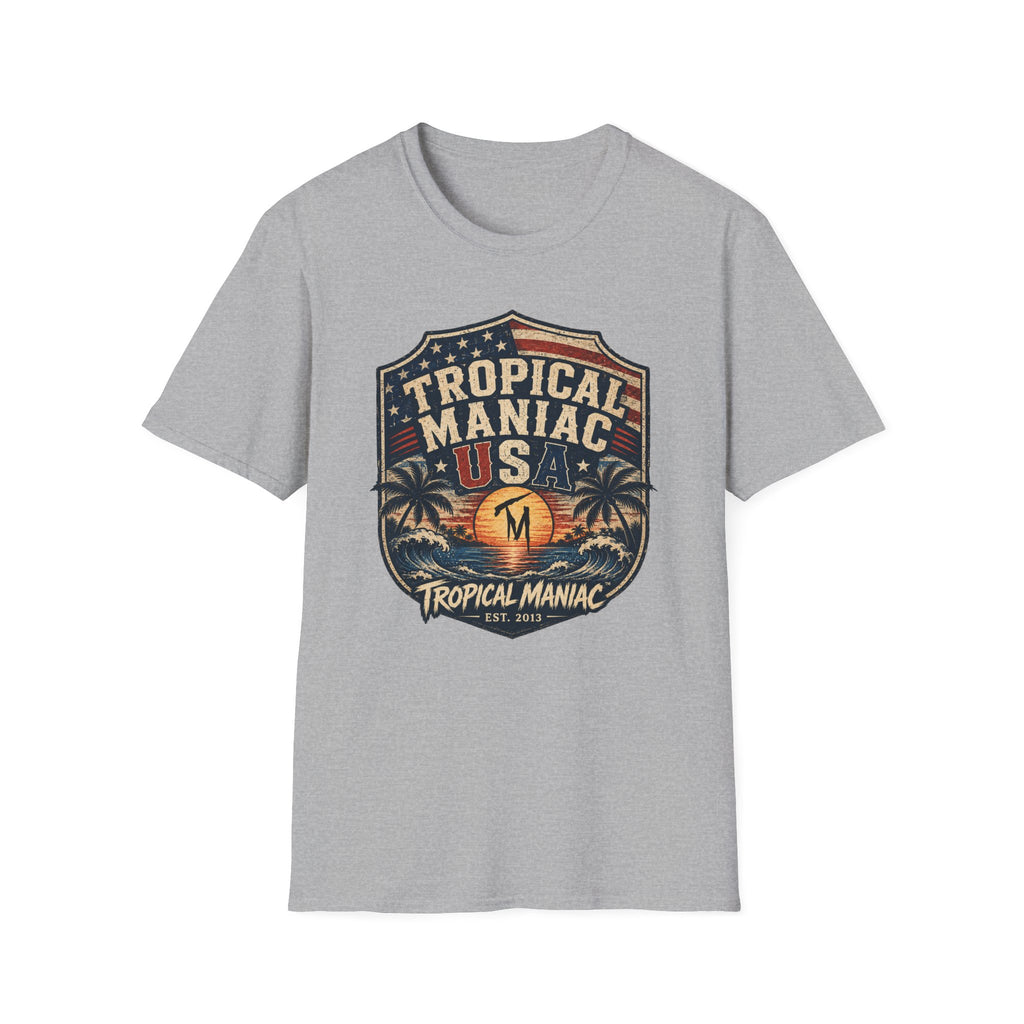 Tropical Maniac USA T-Shirt — Vintage Beach Palm Graphic Tee