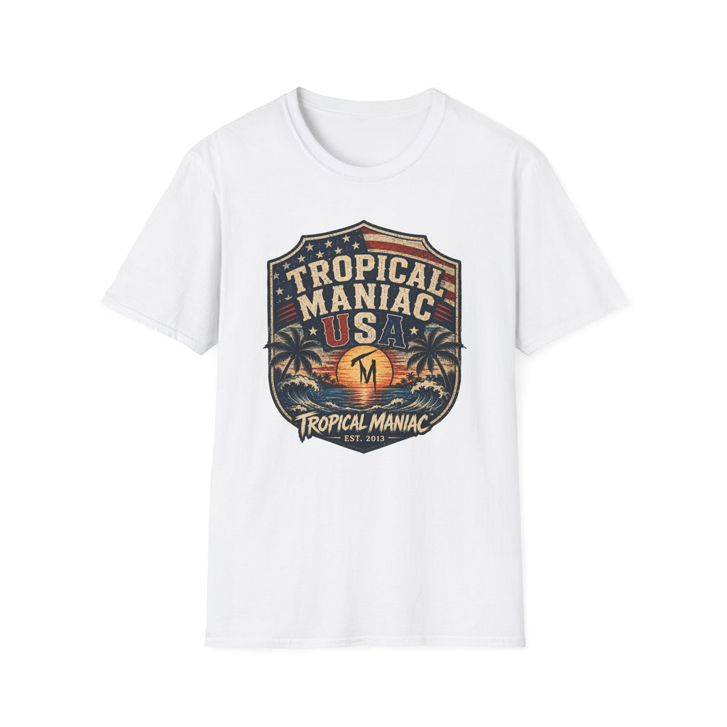 Tropical Maniac USA T-Shirt — Vintage Beach Palm Graphic Tee